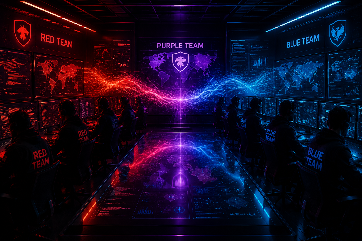 Red team, blue team, purple team explained. — illustration